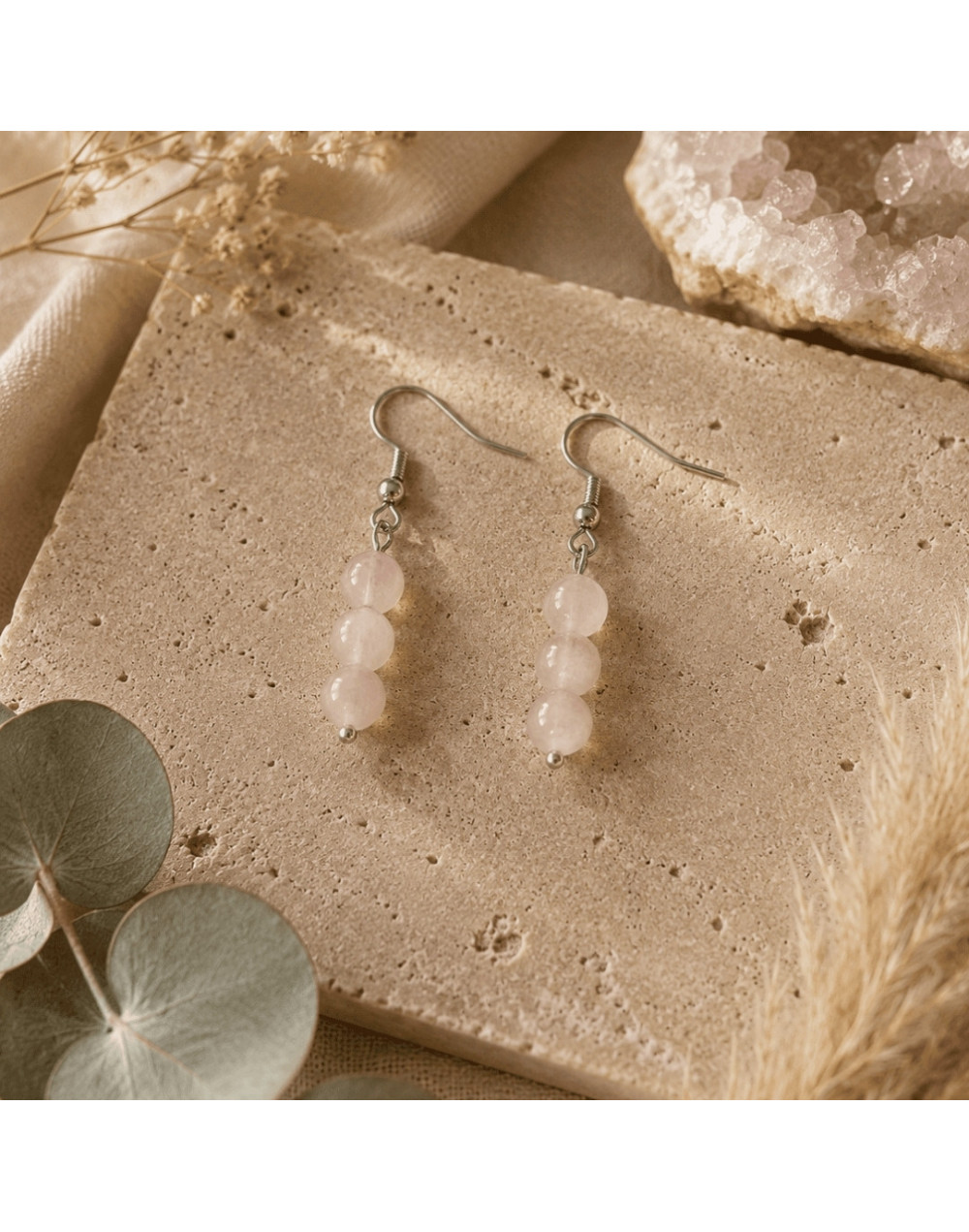Boucles d’oreilles Quartz Rose naturel 6 mm | Acier inoxydable