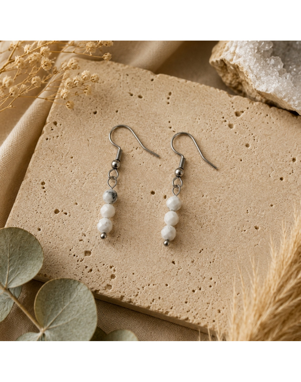 Boucles d’oreilles Howlite Blanche naturelle 4 mm | Pierre naturelle