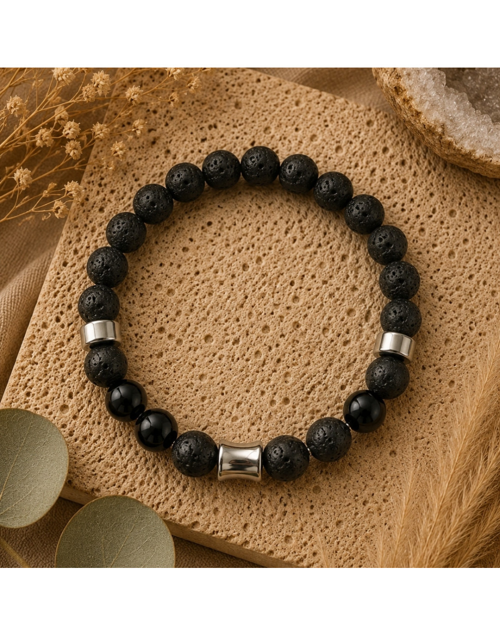 Bracelet Onyx & Pierre de Lave | Acier inoxydable 304