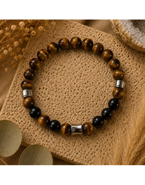 Bracelet Onyx & Œil de Tigre | Acier inoxydable 304