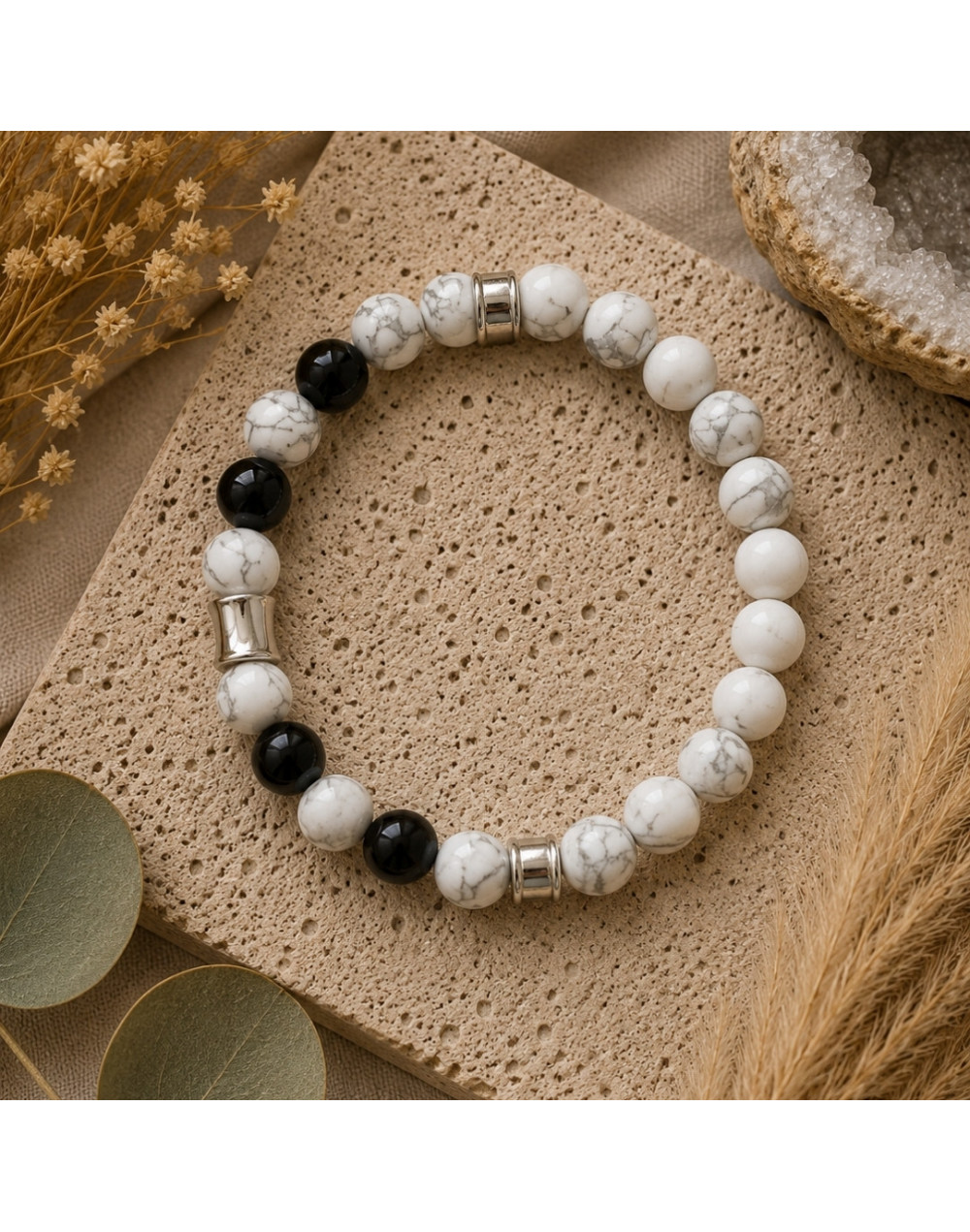 Bracelet Onyx & Howlite Blanche | Acier inoxydable 304