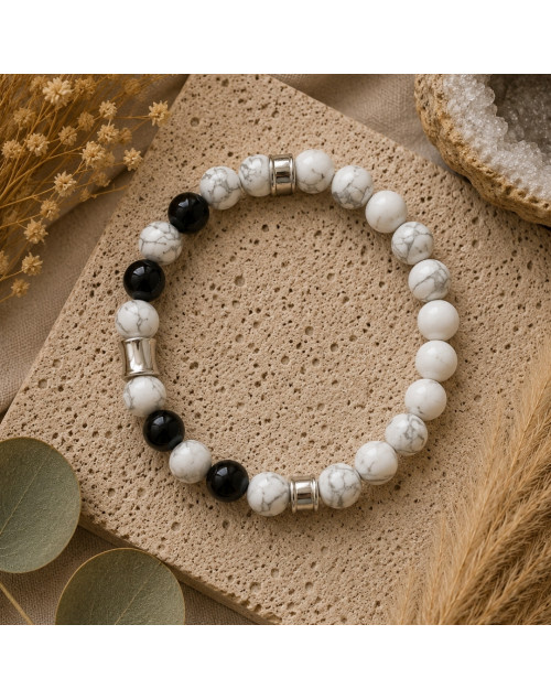 Bracelet Onyx & Howlite Blanche | Acier inoxydable 304