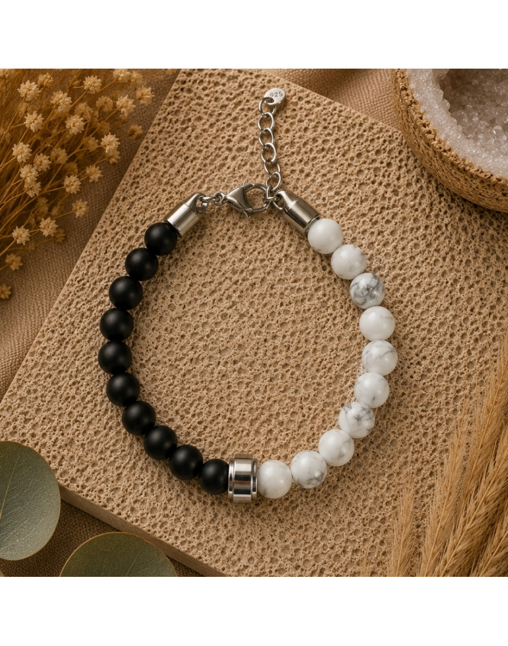 Bracelet homme Onyx & Howlite Blanche
