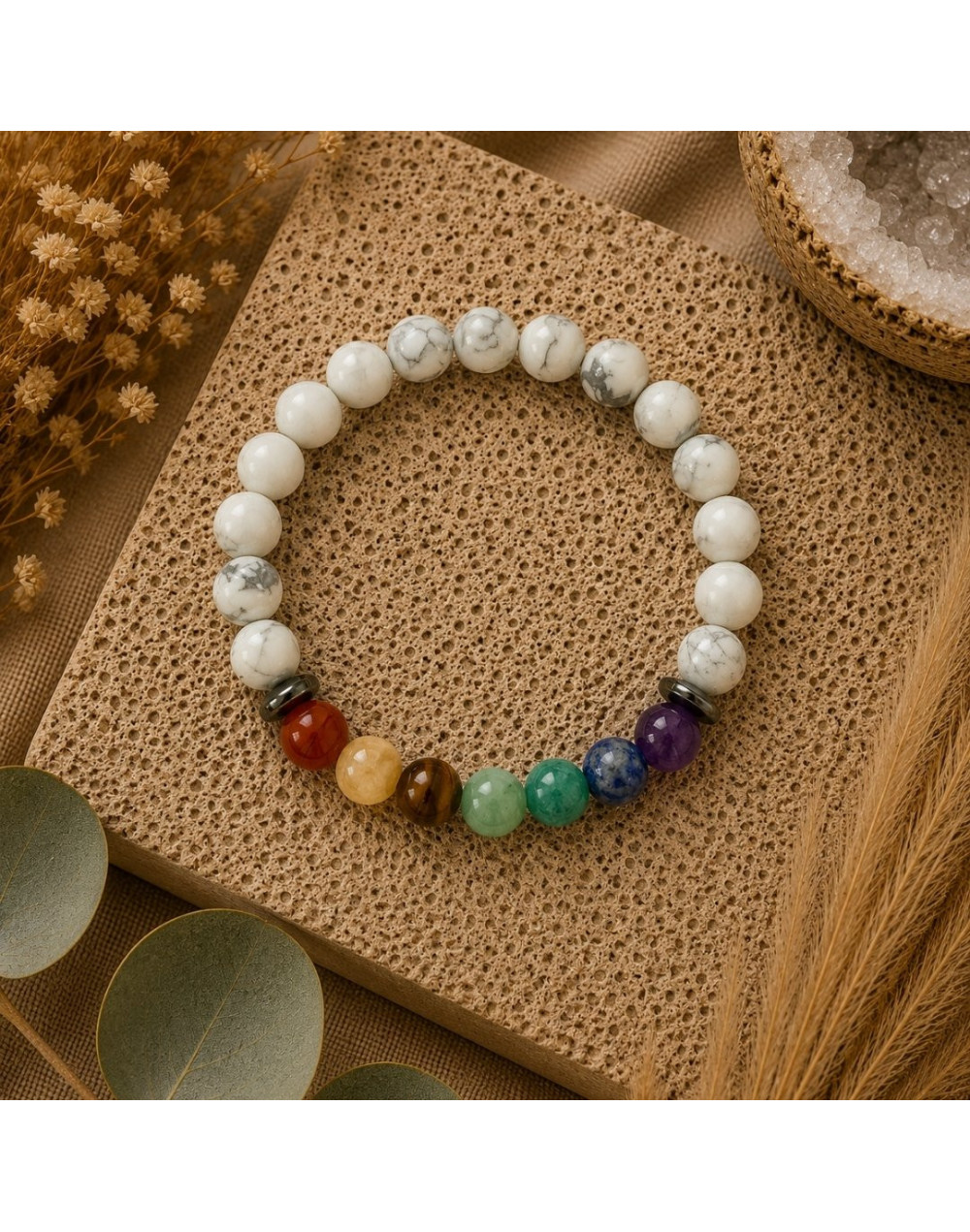 Bracelet 7 Chakras & Howlite Blanche 8 mm | Pierres naturelles