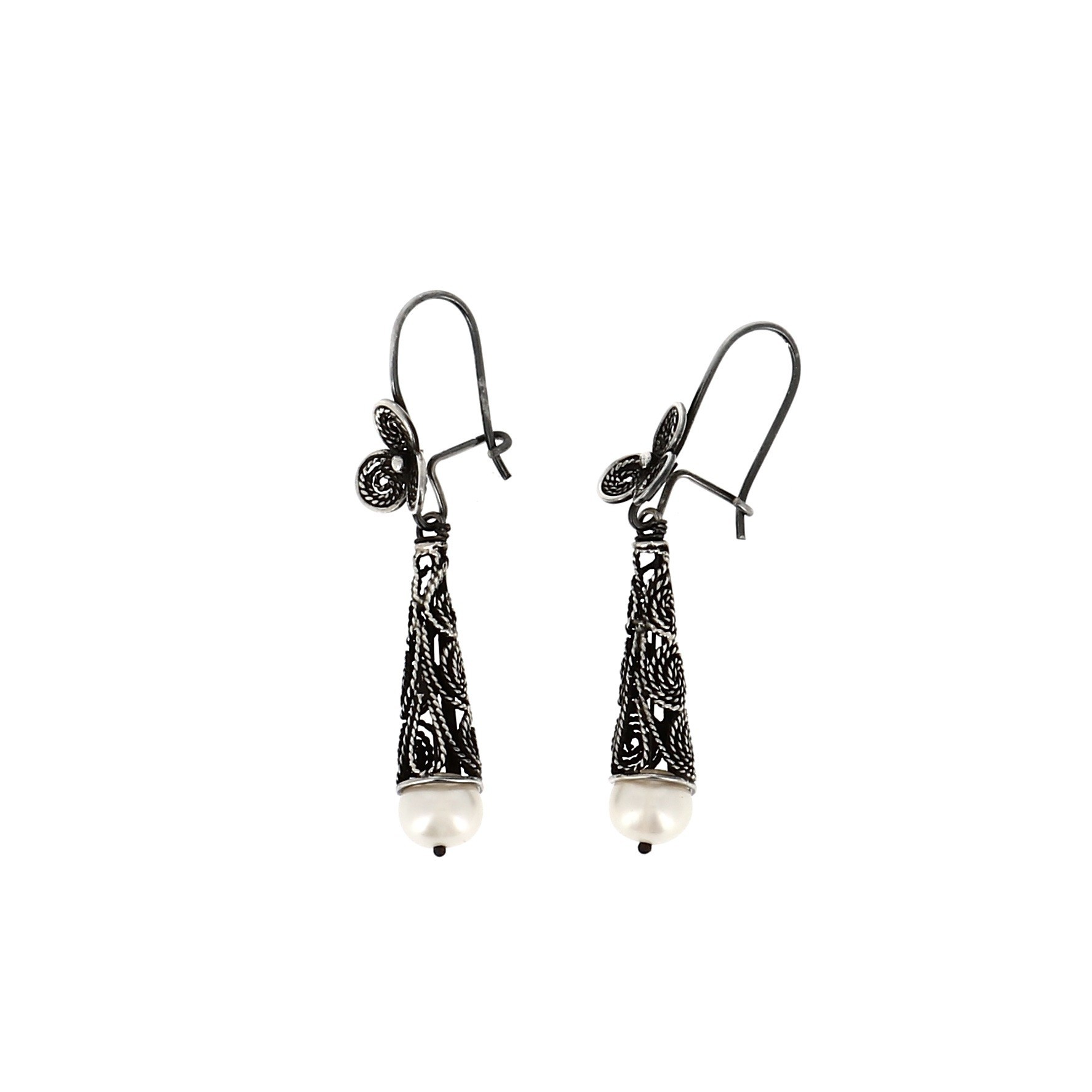 Boucles D'oreilles Clous Argentées Avec Perle Nacrée Grise - Style Vintage - Occasion En Très Bon état - Bijou Fantaisie Pour Femme