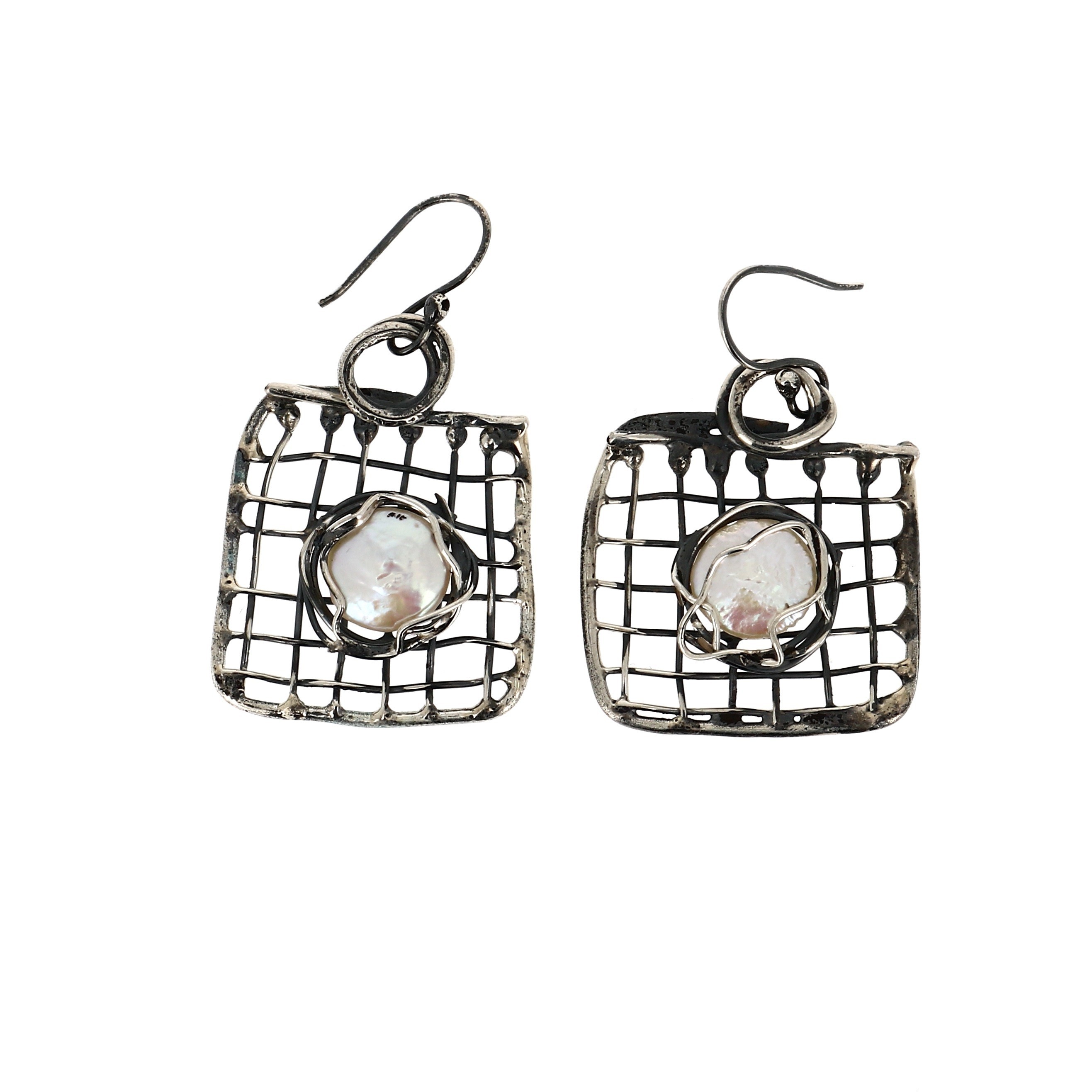 Boucles D'oreilles En Argent Massif - Forme Ovale Ajourée Quadrillée - Occasion