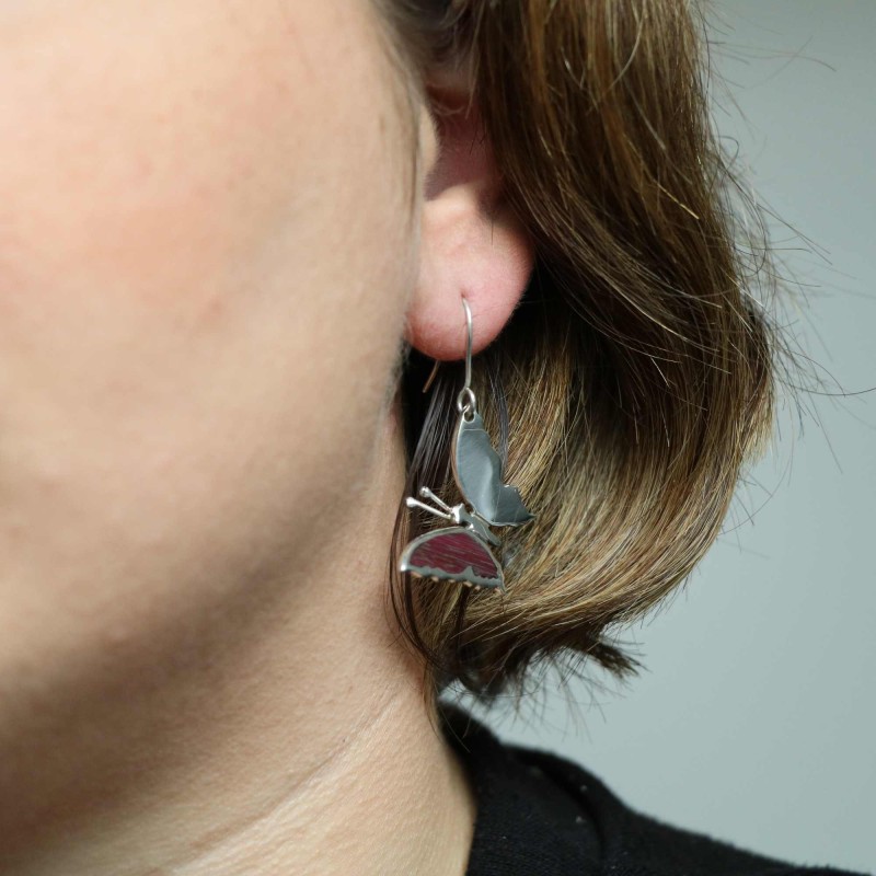 Boucles D'oreilles Pendantes Anciennes En Argent Massif 925 - Motif Papillon Créateur - Occasion
